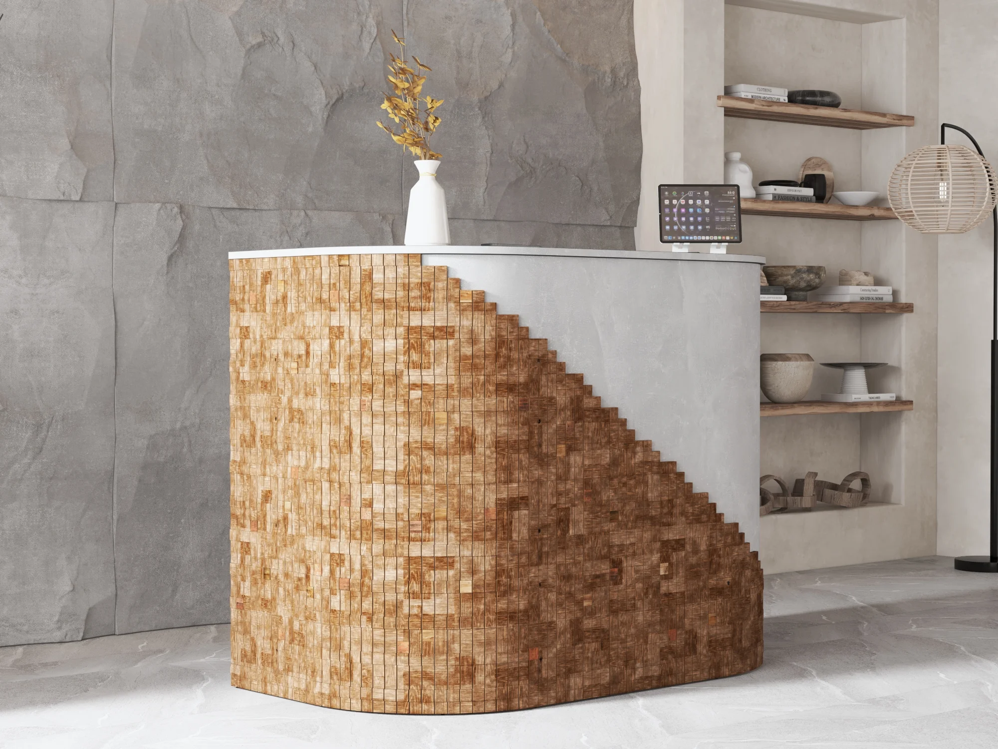 Lada recepcyjna z drewnem